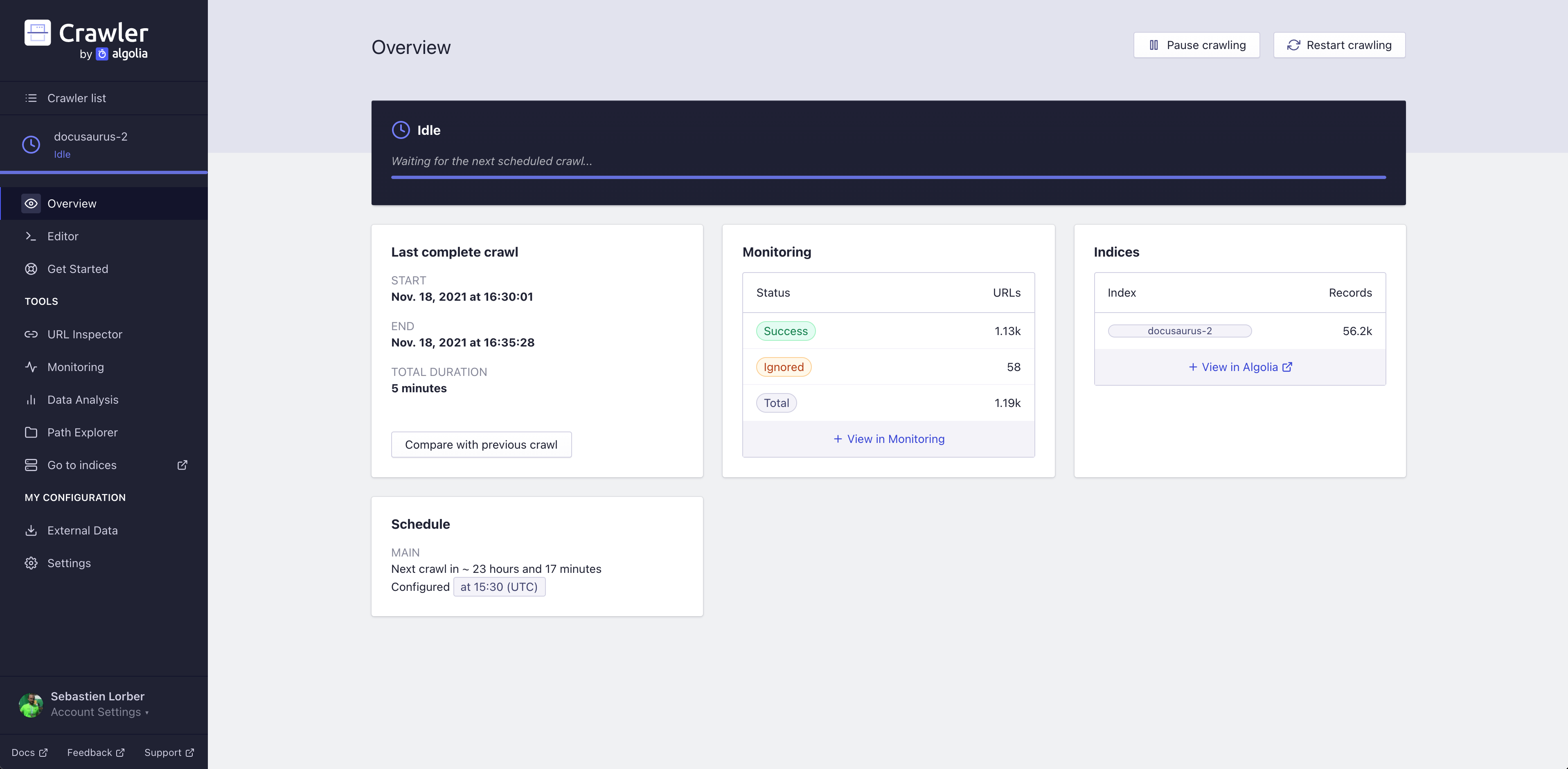 The Algolia crawler front page showing the project&#39;s overview, such as last complete crawl and indices