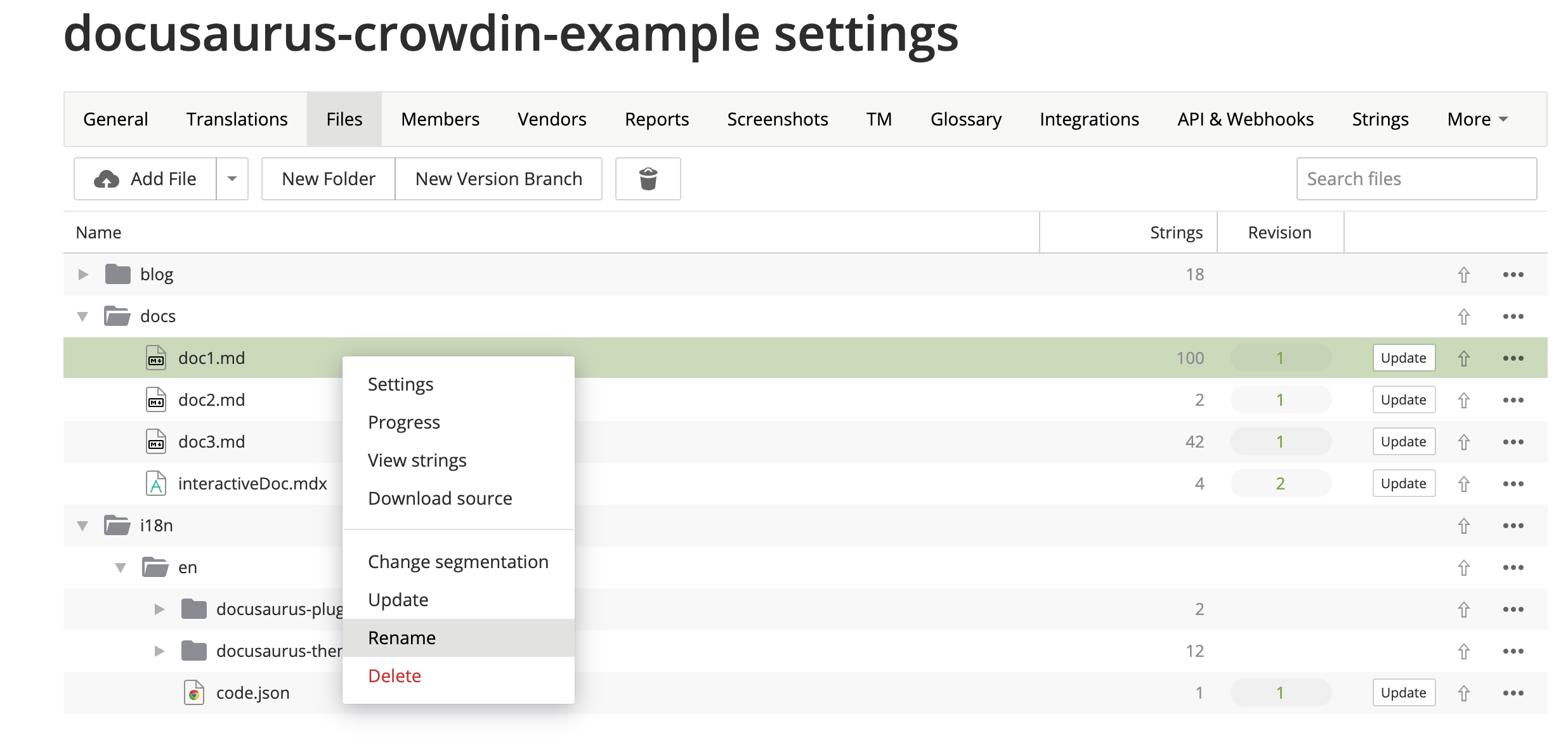 Crowdin UI: renaming a file