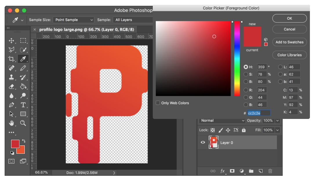 Choix des couleurs dans Photoshop, avec le logo Profilo et la zone de travail principale en arrière-plan et une boîte de dialogue de sélecteur de couleurs au premier plan, sélectionnée sur une teinte rouge