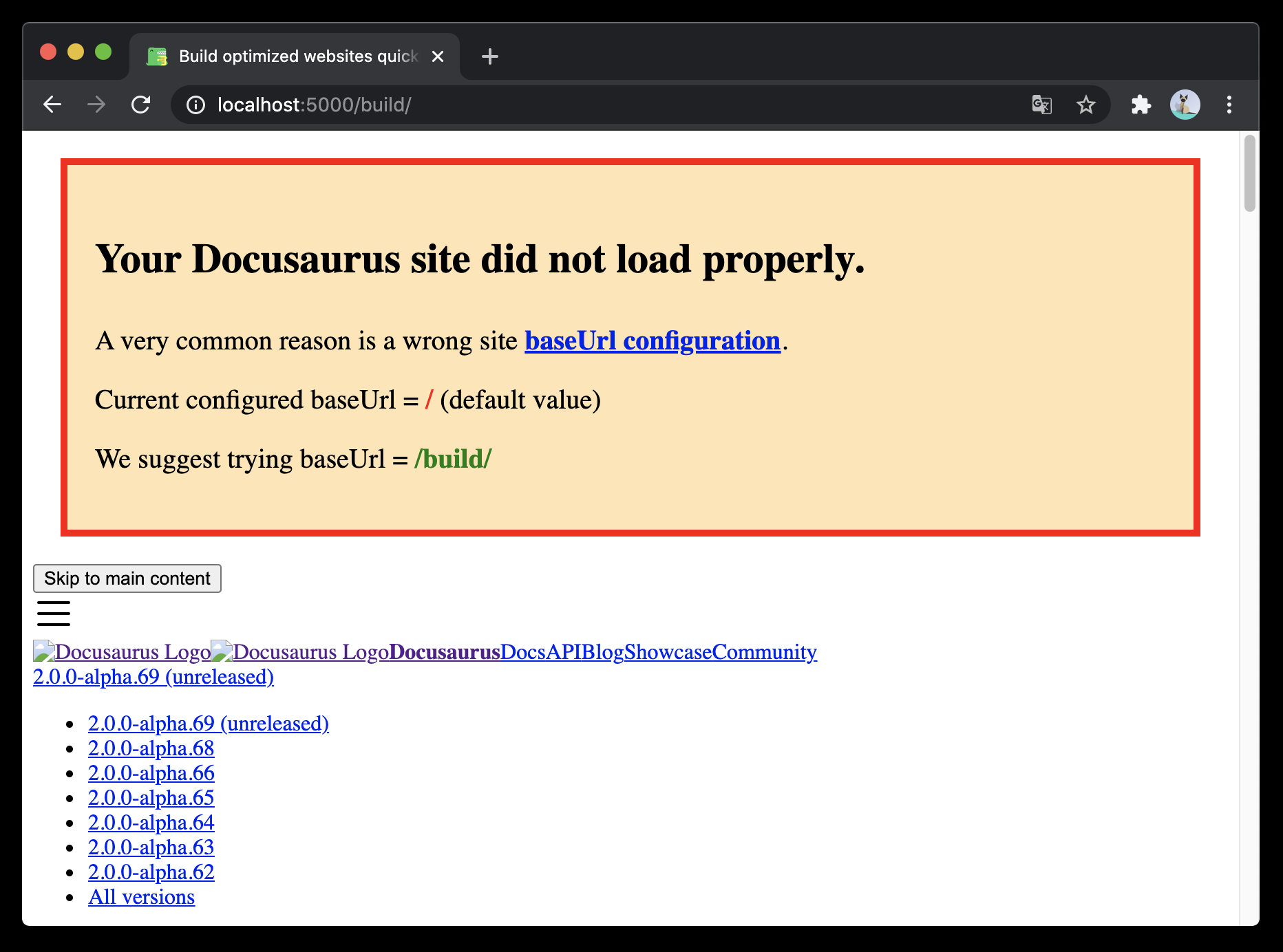 A sample base URL issue banner. 스타일시트 로드가 실패해 스타일이 적용되지 않은 상태입니다. The text says "Your Docusaurus site did not load properly... Current configured baseUrl = / (default value); We suggest trying baseUrl = /build/